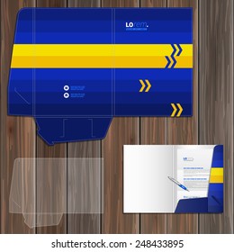 Blue folder template design for corporate identity with yellow arrows. Stationery set