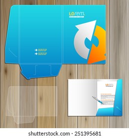Blue folder template design for corporate identity with white and yellow arrows. Stationery set