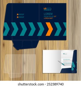 Blue folder template design for corporate identity with arrows. Stationery set