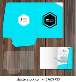 Blue folder template design for corporate identity with central geometric element. Stationery set