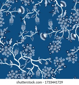 Blue Foliage Tree Branches and Flowers Vector Seamless Pattern
