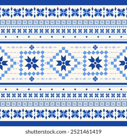 Blue Folk Art Traditional Embroidery with Geometric Flower Seamless Pattern Vector. Light and Dark Blue on Beige Pattern. Handmade Ethic illustration for Apparel, Fabric, weaves, Rug, Carpet, Wrapping