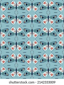 Blue folk butterfly on a blue. seamless pattern