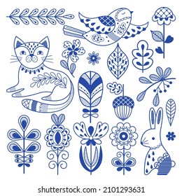 Blue Folk Finnish. Swedish Design Borders, Ornament Scandinavian Folklore Art. Rustic Decor, Nordic Nature Floral Elements. Cat, Bird And Rabbit Nowaday Vector Set