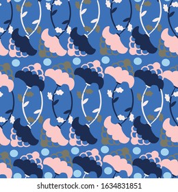 Blue with folk florals seamless pattern background design.