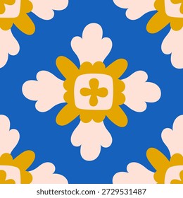 Diseño de azulejo de flores de Folk azul. Patrón sin fisuras. Ilustración cuadrada estilizada con Formas de flores llamativas, estética tradicional del sur, composición ornamental, acento decorativo vibrante