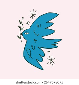 Blue folk lucky bird. Sketch of bohemian dove inspired by Pablo Picasso line drawings. Groovy postmodern funky boho peace and love symbol. Perfect for posters, t shirts, collages, clothing, music