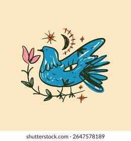 Blue folk lucky bird. Sketch of bohemian dove and flower. Groovy postmodern funky boho peace and love symbol. Perfect for posters, t shirts, collages, clothing, music albums and more. Vector clip-art