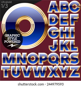 Blue font with golden border. Bold. File contains graphic styles available in Illustrator. Set 1