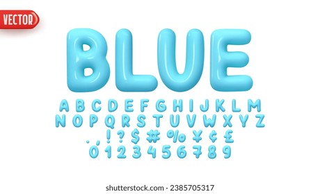 Blue Font realistic 3d design. Complete alphabet and numbers from 0 to 9. Collection Glossy letters in cartoon style. Fonts voluminous inflated from balloon. Vector illustration