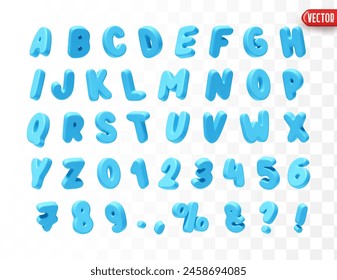 Blue Font realistic 3d design. Complete alphabet and numbers from 0 to 9. Collection of large letters in cartoon style. Fonts are voluminous with different slants. Vector illustration