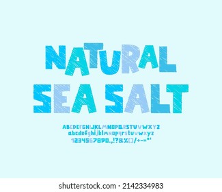 Blue food label Natural sea salt with sketch funny font