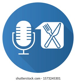 Blue food ordering command flat design long shadow glyph icon. Voice control application idea. Restaurant searching. Portable microphone. Modern sound record equipment. Vector silhouette illustration