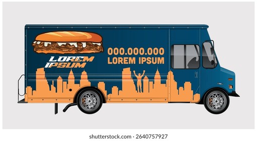 Blue food truck design template with a delicious sandwich graphic, cityscape, and placeholder text. Ideal for branding and advertising.
