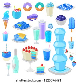 Blue food vector bluish cake with blueberry and sweet dessert with blueish drinks illustration cyan set of aquamarine donut or blueness ice cream isolated on white background