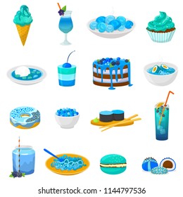 Blue food vector bluish cake or cupcake with blueberry and sweet dessert with bluish drinks illustration turquoise set of aquamarine donut or blueness ice cream isolated on white background