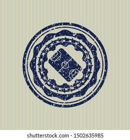 Blue football field icon inside distressed rubber grunge texture stamp