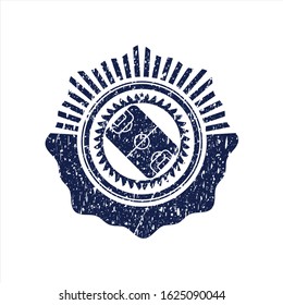 Blue football field icon inside distress rubber grunge stamp