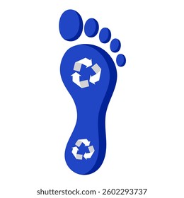 Blue footprint with recycling symbols, representing environmental sustainability, recycling awareness, and reducing ecological impact. Ideal for eco-friendly concepts and climate action.