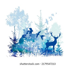 Blue forest landscape with deer and hare Vector illustration