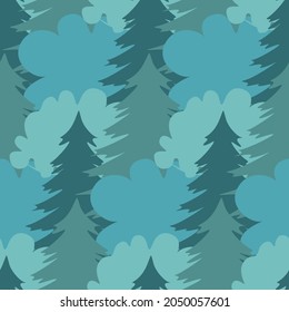 Blue forest seamless pattern, dense pine forest and deciduous trees, vector illustration