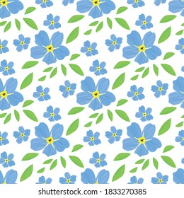 Blue Forget-Me-Not floral seamless pattern vector background. Beautiful backdrop of painterly watercolor effect groups of mysotis flowers. Hand drawn botanical design. All over print spring concept
