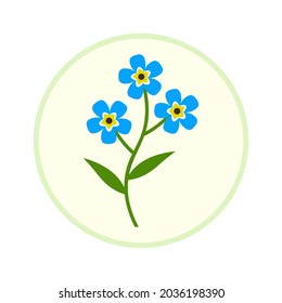 blue forget-me-not flowers with leaves, stylized vector image of Myosotis arvensis, , scorpion grasses, round icon with frame, design element, banner, clipart