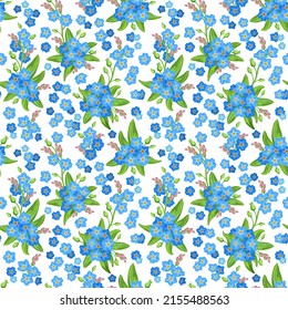 blau vergiss-me-nicht-blumen auf weißem Hintergrund. nahtloses Muster im Sommer, Vektorgrafik