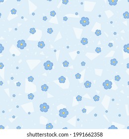 Blue forget-me-not flowers seamless pattern. Pattern with geometric shapes and forget-me-not flowers. Trendy endless  background for textiles and designs, baby clothes or bedding. Vector illustration