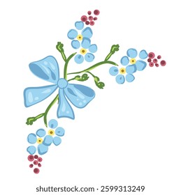 Blue forget-me-not flowers. Vector corner background. Blank card with blue flowers. Card template for Mothers Day, Birthday, Wedding invitations. Vector illustration isolated.