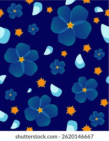 Azul esqueça-me-nots ou buttercups com ramos e folhas em um fundo sem costura colorido. Projeto botânico. Vetor.