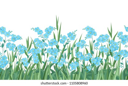 Blue forget-me-nots and grass. Seamless horizontal pattern on white isolated background.