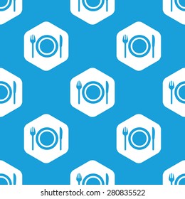 Blue fork, knife and plate image in white hexagon, repeated on blue