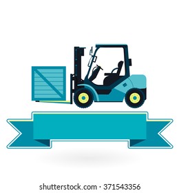 Blue fork lift loader on white. Loading in storage. Professional illustration for banner, poster or icon. Flatten master vector symbol Truck Digger Crane Small Bagger Mix Roller Excavator