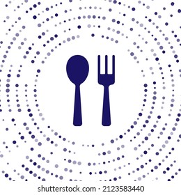 Blue Fork and spoon icon isolated on white background. Cooking utensil. Cutlery sign. Abstract circle random dots. Vector