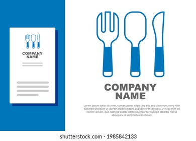 Blue Fork, spoon and knife icon isolated on white background. Cooking utensil. Cutlery sign. Logo design template element. Vector