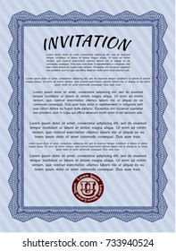 Blue Formal invitation. With complex background. Cordial design. Detailed. 