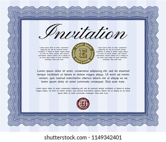 Blue Formal invitation. With complex linear background. Detailed. Money Pattern. 