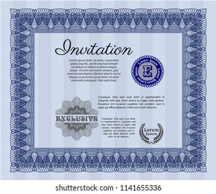 Blue Formal invitation. Cordial design. Detailed. With great quality guilloche pattern. 