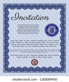 Blue Formal invitation. Detailed. With complex linear background. Money design. 