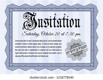 Blue Formal invitation. Detailed. With complex linear background. Perfect design. 