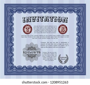 Blue Formal invitation. Detailed. With guilloche pattern. Money Pattern design. 