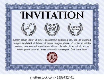 Blue Formal invitation. Elegant design. Customizable, Easy to edit and change colors. With great quality guilloche pattern. 