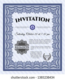 Blue Formal invitation. Elegant design. Detailed. With guilloche pattern. 