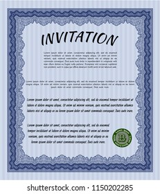 Blue Formal invitation. With great quality guilloche pattern. Lovely design. Detailed. 