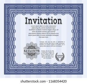 Blue Formal invitation. With great quality guilloche pattern. Money Pattern. Vector illustration. 
