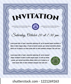 Blue Formal invitation. With great quality guilloche pattern. Vector illustration. Cordial design. 