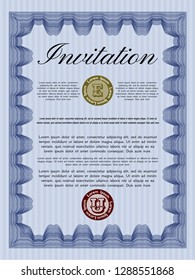 Blue Formal invitation. With great quality guilloche pattern. Good design. Detailed. 