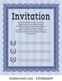 Blue Formal invitation. With great quality guilloche pattern. Detailed. Beauty design. 