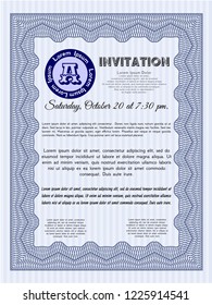 Blue Formal invitation. With guilloche pattern and background. Money style design. Vector illustration. 